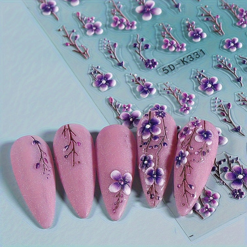 2pcs 5D Floral Nail Art Stickers - Dreamy Purple & Pink Flowers, Vines & Roses | Realistic Self-Adhesive Decals for DIY Manicure | Fragrance-Free, Reusable Plastic Embellishments with Glitter Accents, Nail Stickers